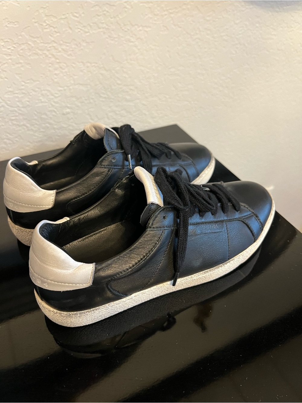 All Saints Black Leather Low-Top Sneakers with White Heel